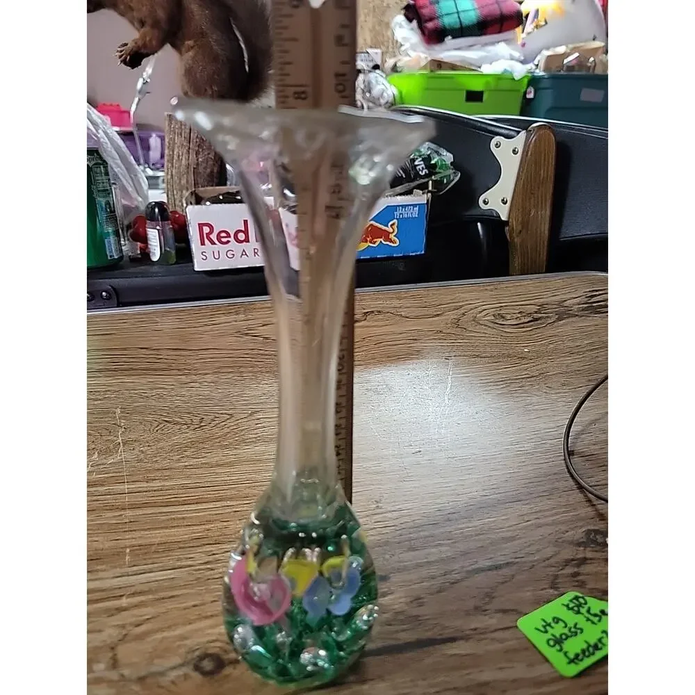Vintage Retro Blue Yellow Glass Pink Trumpet Floral Paperweight Vase